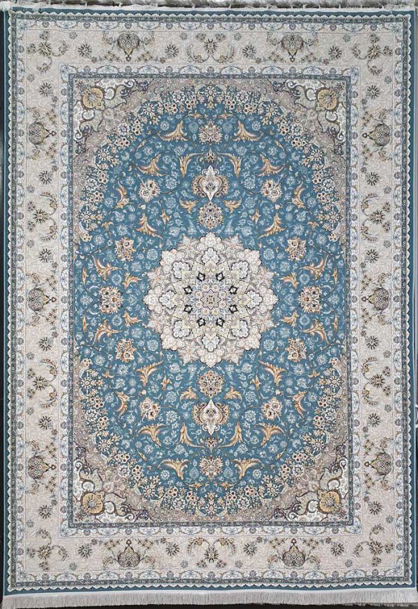 فرش ابی اطلسی محیا گل برجسته | قیمت فرش 1200 شانه ابی اطلسی محیا