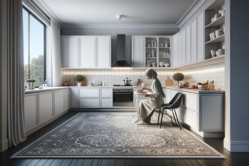 فرش آشپزخانه با کابینت سفید در مجله فرش کوروش